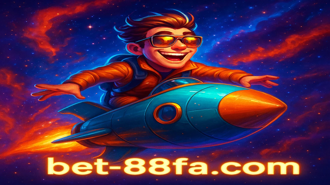 88fa গেমিং প্ল্যাটফর্মে একটি কার্টুন মানুষ ভবিষ্যত-আধুনিক পাইলট সুট ও সানগ্লাস পরা, রঙিন গ্যাল্যাক্সি জুড়ে একটি রকেট চালাচ্ছে; নিচে JetX শিরোনাম জ্বলছে।