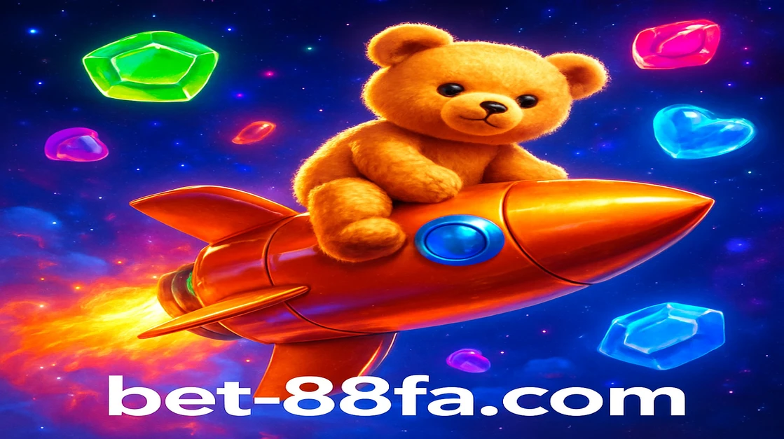 88fa গেমিং প্ল্যাটফর্মে মিষ্টি টেডি বিয়ার সোনালী রকেট চড়ছে, চারপাশে উড়ন্ত রঙিন ক্যান্ডি ও মিষ্টি মহাকাশে ছড়িয়ে পড়েছে।