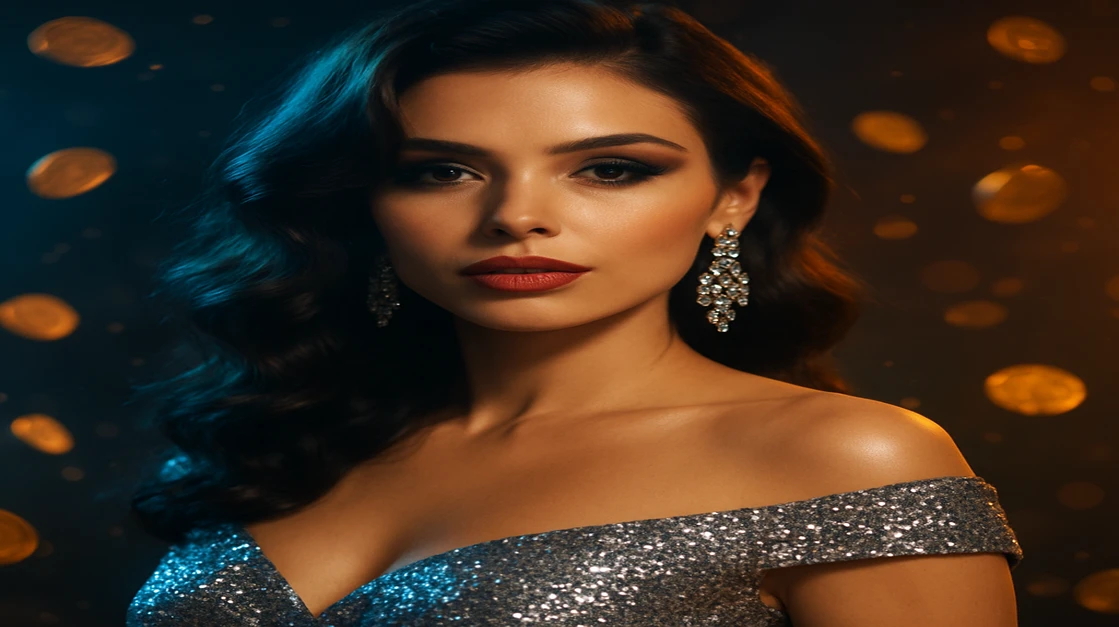 চকচকে পোশাকে এক গ্লামারাস নারী, উড়ন্ত স্বর্ণালি কয়েন ও 88fa–র গেমিং প্ল্যাটফর্ম-থিমযুক্ত জ্বলন্ত পটভূমি সহ।